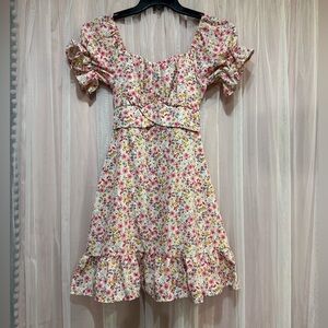 Floral Ruffle Mini Dress - Pink and White